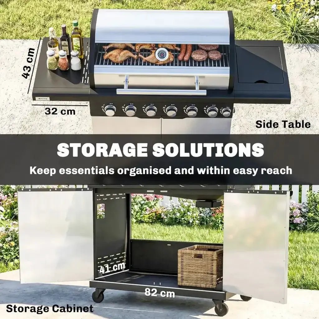 Outsunny 6‑Burner Gas BBQ Grill with Side Burner & Viewing Window - Silver | 846‑268V70SR - BBQs & Grills