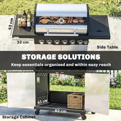Outsunny 6‑Burner Gas BBQ Grill with Side Burner & Viewing Window - Silver | 846‑268V70SR - BBQs & Grills