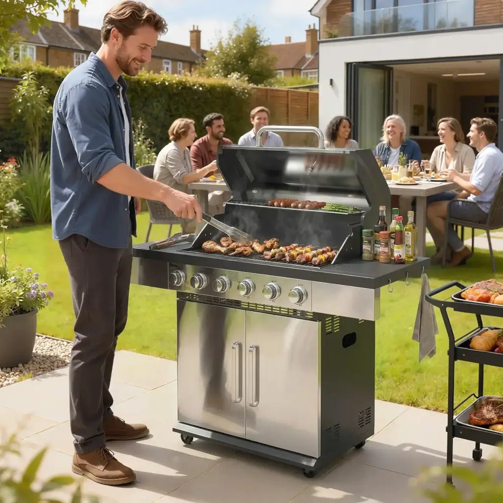 Outsunny 6‑Burner Gas BBQ Grill with Side Tables & Storage Cabinet - Silver | 846‑197V70SR - BBQs & Grills