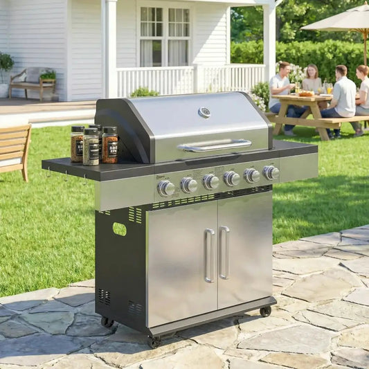 Outsunny 6‑Burner Gas BBQ Grill with Side Tables & Storage Cabinet - Silver | 846‑197V70SR - BBQs & Grills