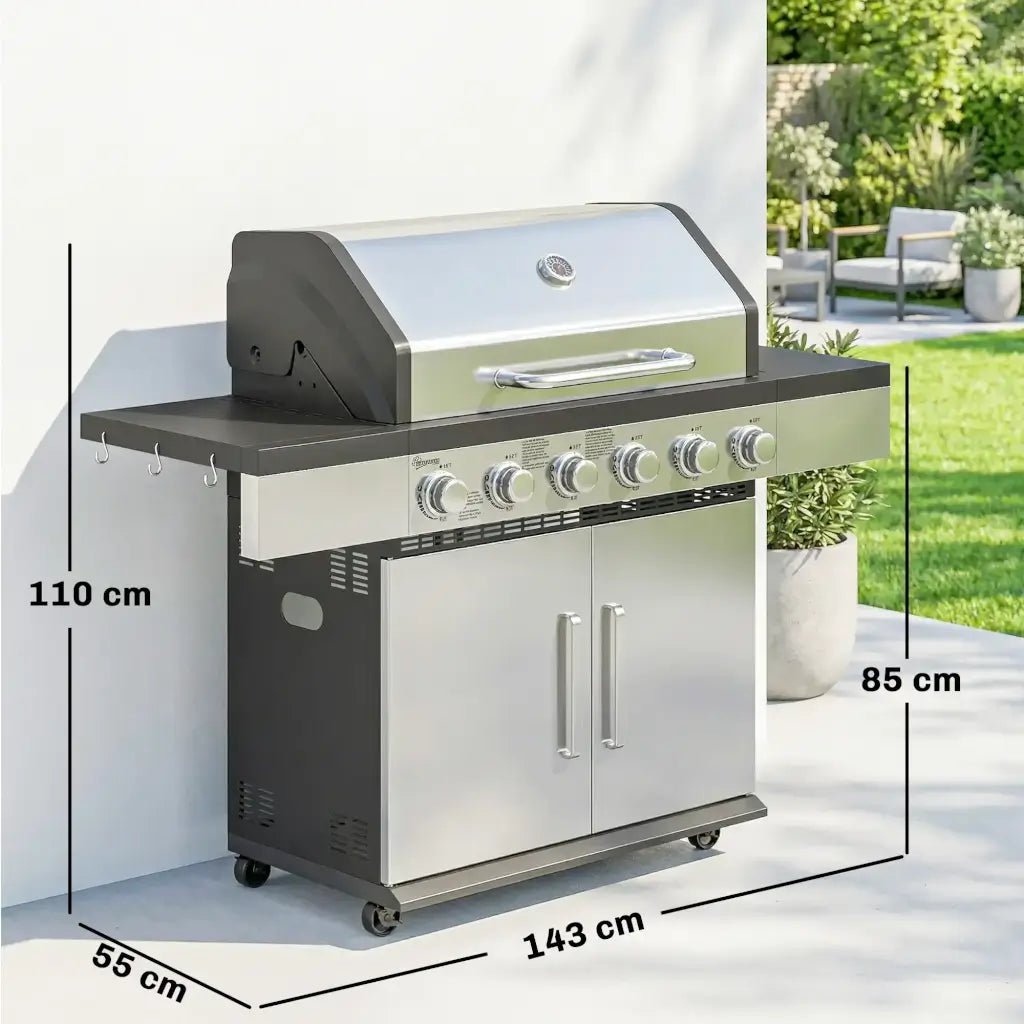 Outsunny 6‑Burner Gas BBQ Grill with Side Tables & Storage Cabinet - Silver | 846‑197V70SR - BBQs & Grills