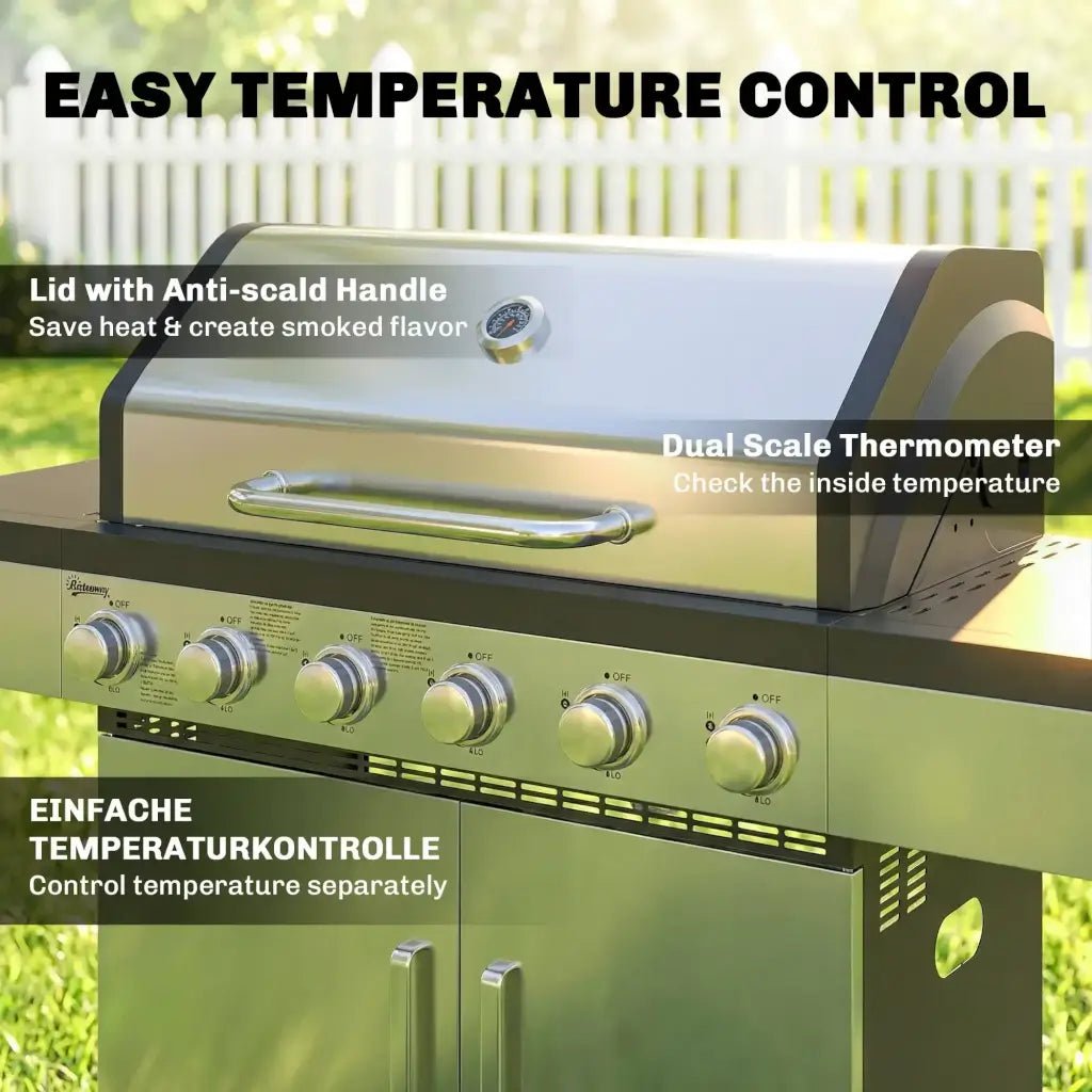 Outsunny 6‑Burner Gas BBQ Grill with Side Tables & Storage Cabinet - Silver | 846‑197V70SR - BBQs & Grills