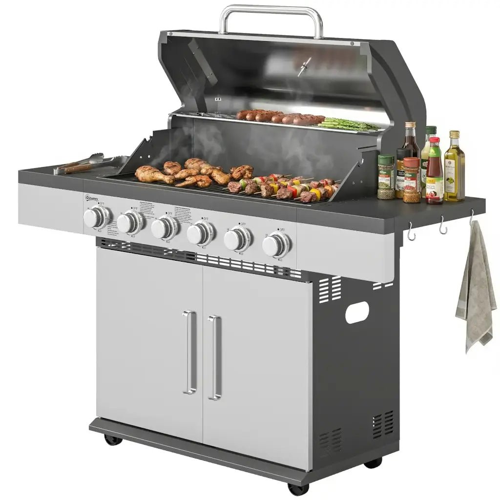 Outsunny 6‑Burner Gas BBQ Grill with Side Tables & Storage Cabinet - Silver | 846‑197V70SR - BBQs & Grills
