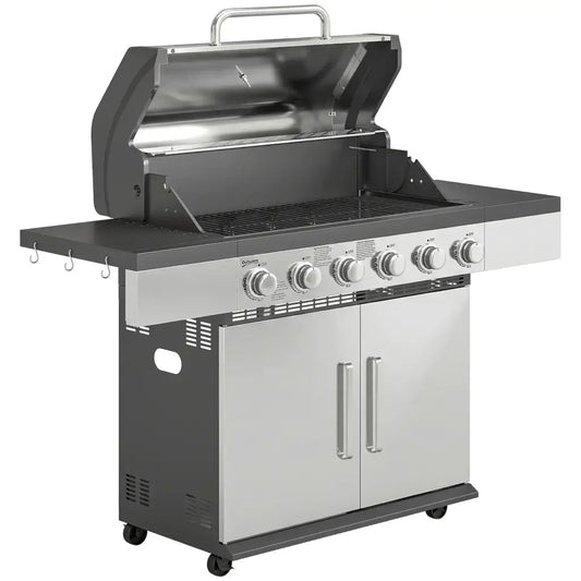 Outsunny 6‑Burner Gas BBQ Grill with Side Tables & Storage Cabinet - Silver | 846‑197V70SR - BBQs & Grills