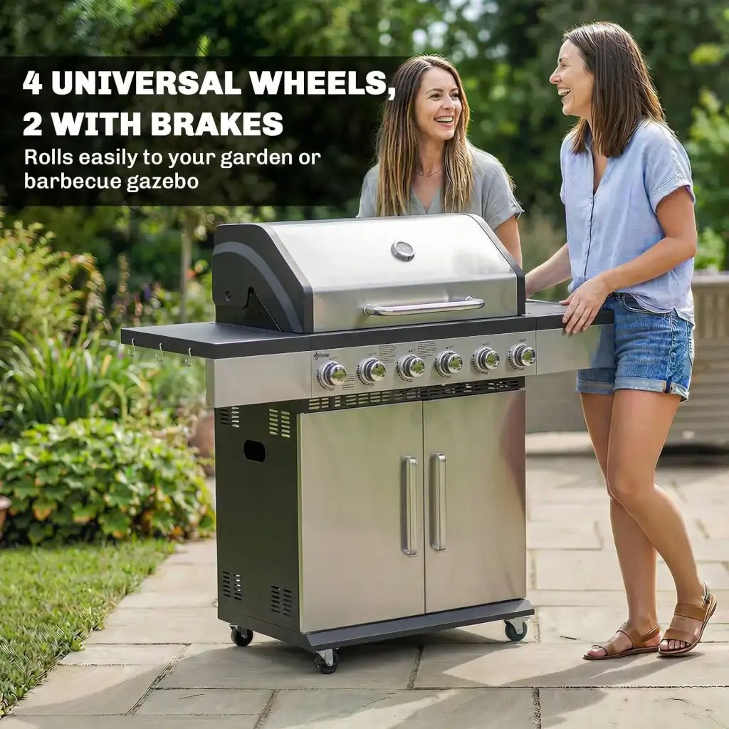 Outsunny 6‑Burner Gas BBQ Grill with Side Tables & Storage Cabinet - Silver | 846‑197V70SR - BBQs & Grills