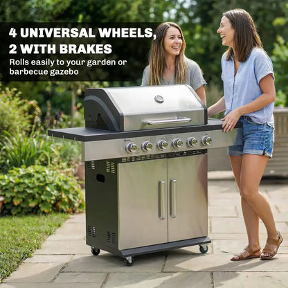 Outsunny 6‑Burner Gas BBQ Grill with Side Tables & Storage Cabinet - Silver | 846‑197V70SR - BBQs & Grills