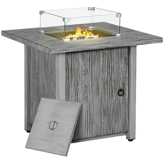 Outsunny 71cm 50,000 BTU Gas Fire Pit Table with Cover and Glass Screen - Grey | 842-346V70GY