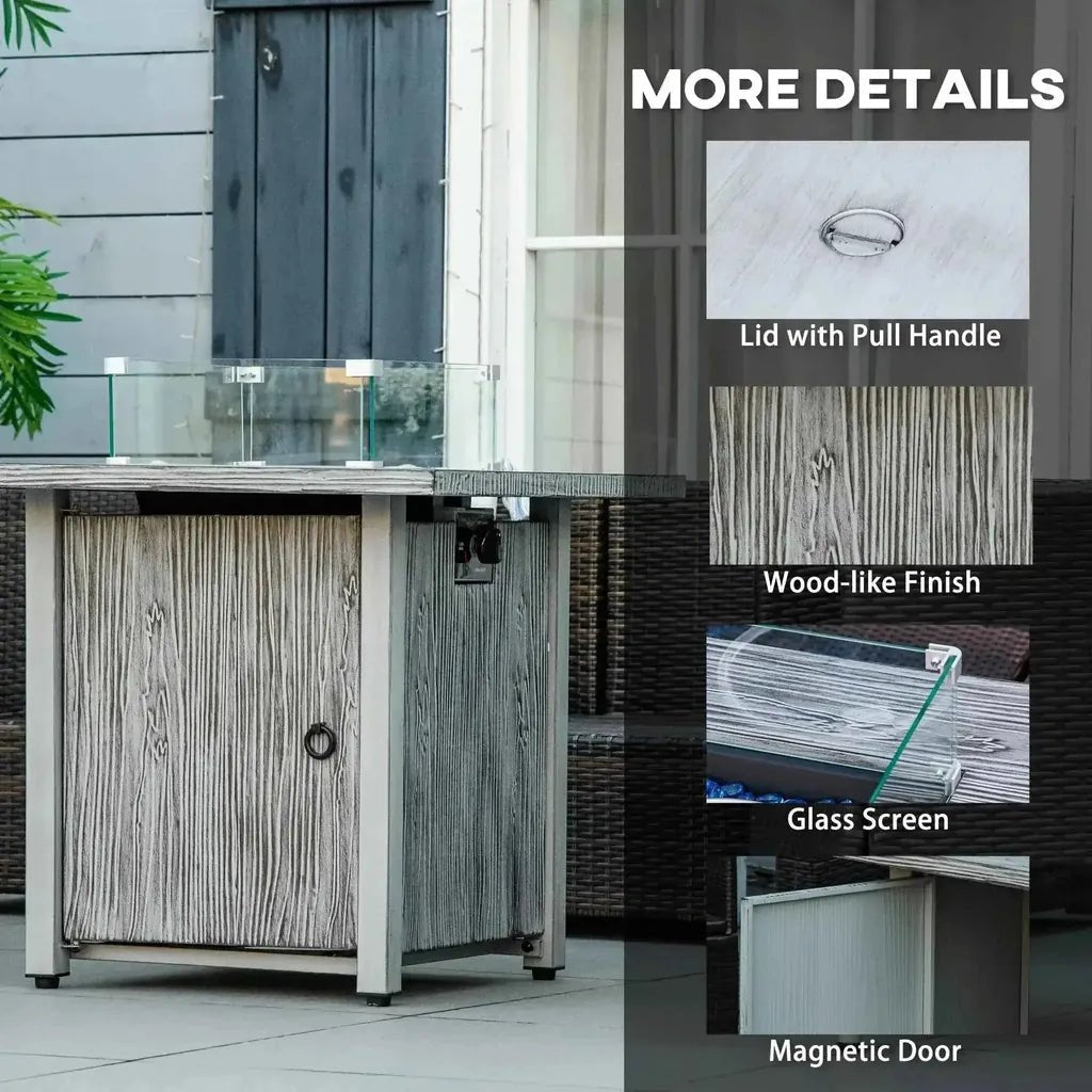 Outsunny 71cm grey gas fire pit table with wood-like finish glass screen magnetic door and cover for outdoor use