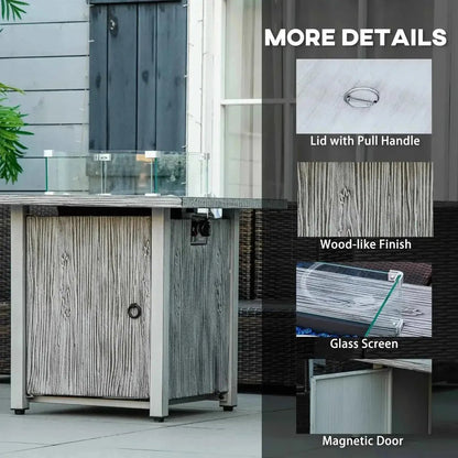 Outsunny 71cm grey gas fire pit table with wood-like finish glass screen magnetic door and cover for outdoor use