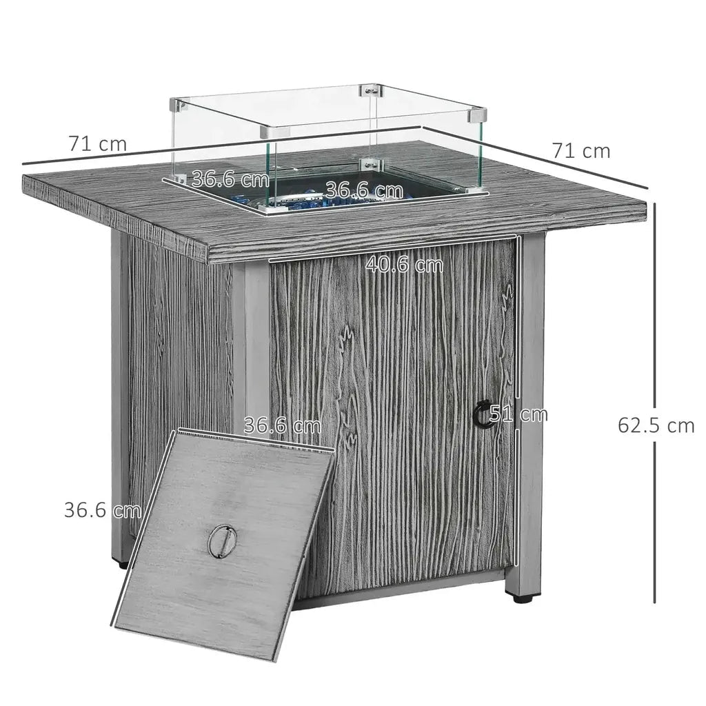 Outsunny 71cm gray wood grain gas fire pit table with clear glass top metal frame and glass screen for outdoor use