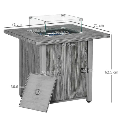 Outsunny 71cm gray wood grain gas fire pit table with clear glass top metal frame and glass screen for outdoor use