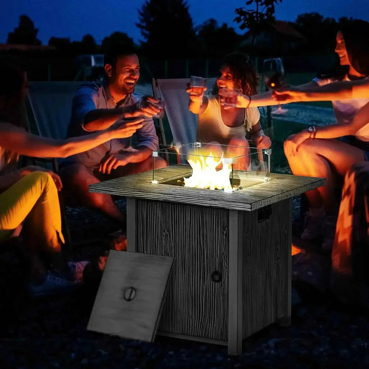 Outsunny grey 71cm square outdoor gas fire pit table with rustic wood grain finish glass enclosure and active flame