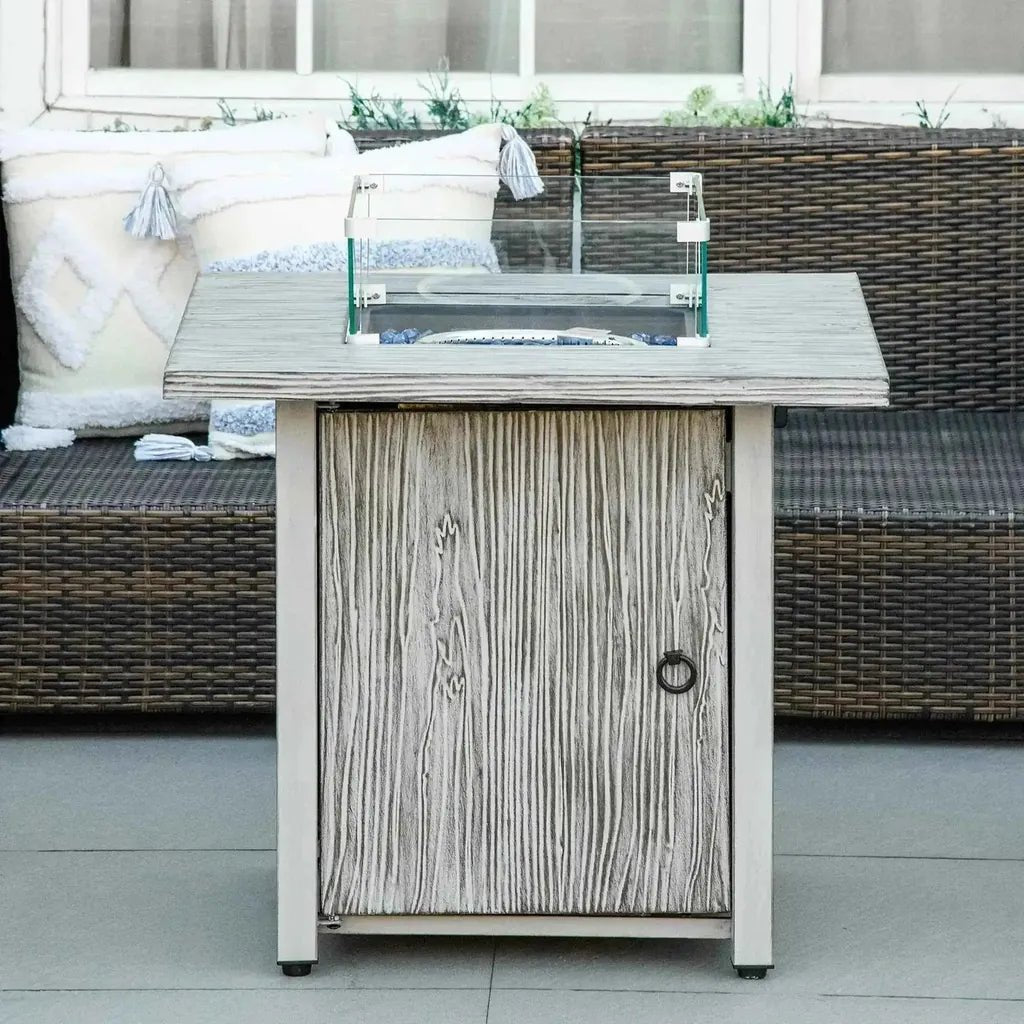 Outsunny 71cm weathered gray wood-grain gas fire pit table with glass-top burner and metal frame for outdoor use
