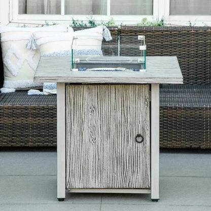 Outsunny 71cm weathered gray wood-grain gas fire pit table with glass-top burner and metal frame for outdoor use