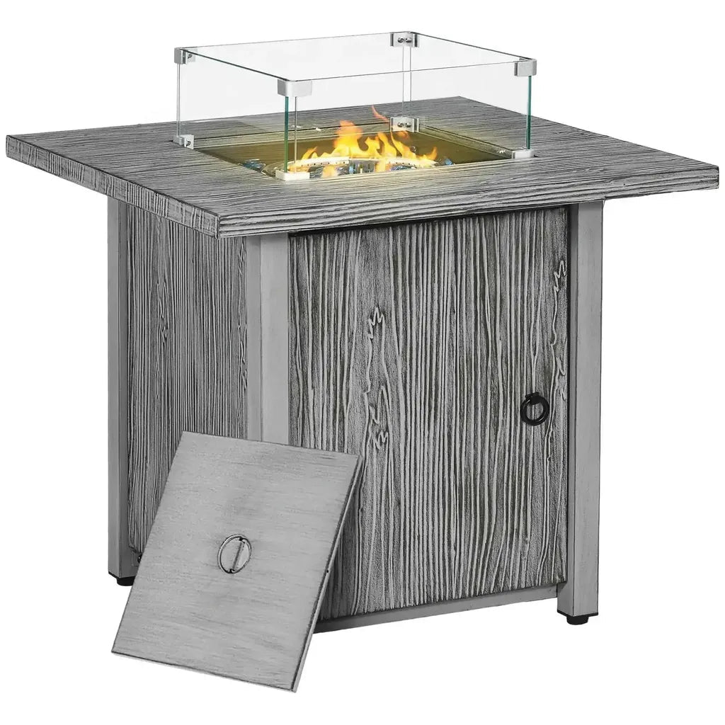 Outsunny 71cm grey wood-grain gas fire pit table with glass enclosure and 50000 btu flame for outdoor use
