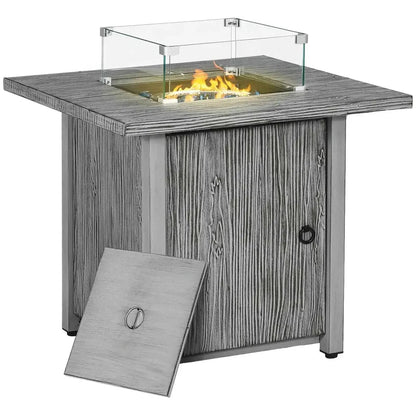Outsunny 71cm grey wood-grain gas fire pit table with glass enclosure and 50000 btu flame for outdoor use