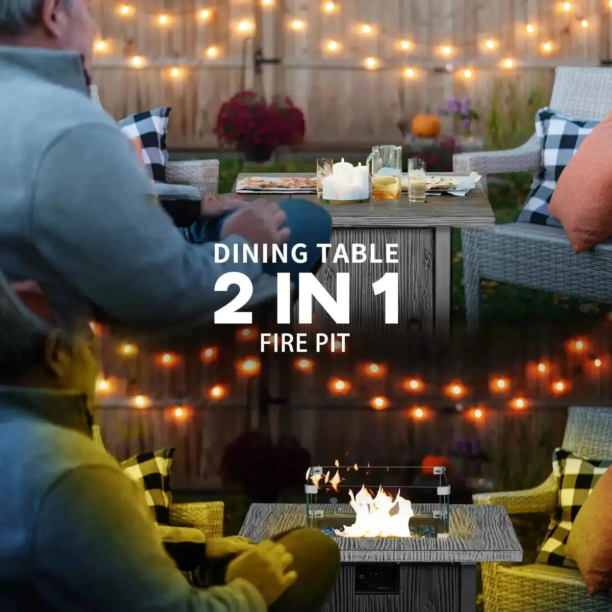 Gray textured Outsunny 71cm gas fire pit dining table with 50,000 BTU, cover, and glass screen design