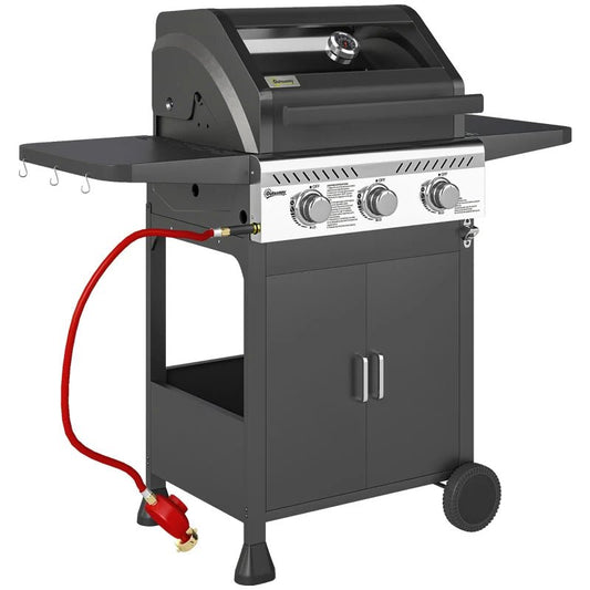 Outsunny 7.5kW 3 - Burner Gas BBQ Grill w/ Window Lid - Black | 846 - 140V71BK - BBQs & Grills