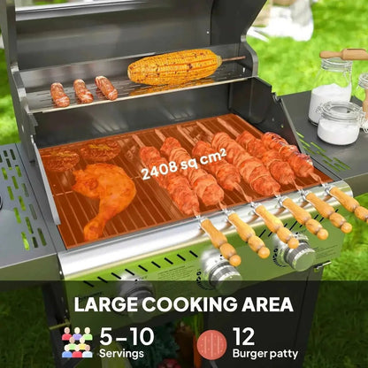 Outsunny 7.5kw black stainless steel gas bbq grill with copper cooking surface and wooden-handled skewers