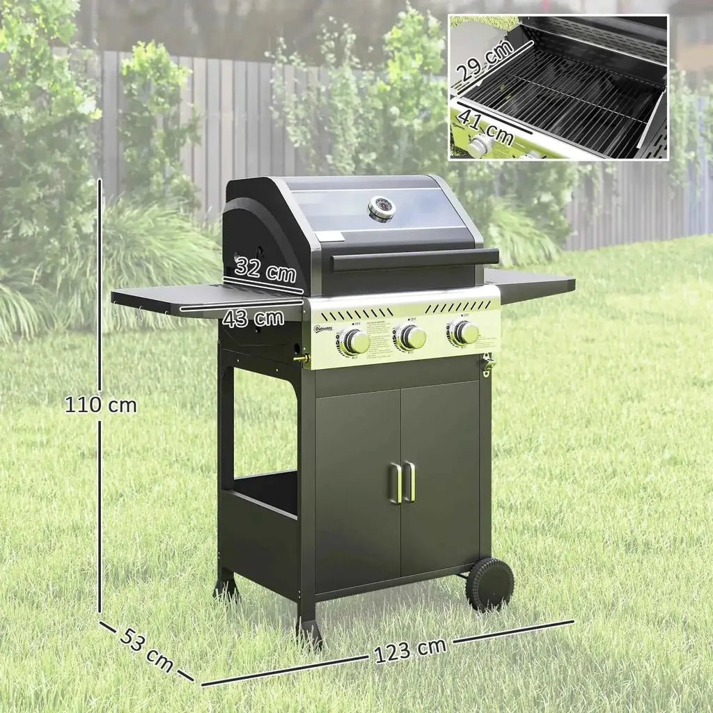 Outsunny black and silver 7.5kW 3-burner gas BBQ grill with window lid, three knobs, side shelves, and storage cabinet on wheels
