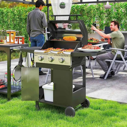 Outsunny black 7.5kw 3-burner gas bbq grill with stainless steel cooking surface and wheeled cart with storage compartments