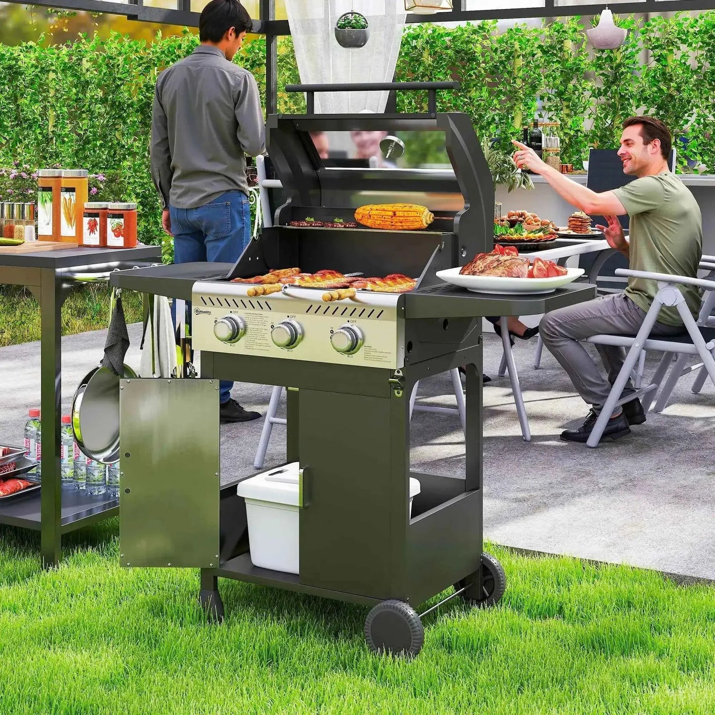 Outsunny 7.5kW 3-Burner Gas BBQ Grill w/ Window Lid - Black | 846-140V71BK