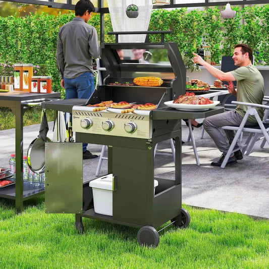 Outsunny 7.5kW 3-Burner Gas BBQ Grill w/ Window Lid - Black | 846-140V71BK