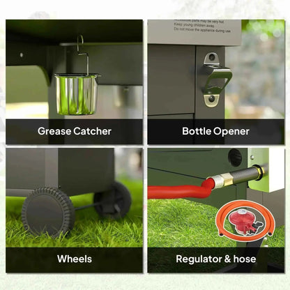 Stainless steel grease catcher with vertical ridges and hook for hanging on outsunny 7.5kw 3-burner black gas bbq grill