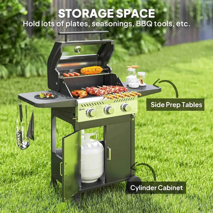 Outsunny 7.5kW black and green 3-burner gas BBQ grill with window lid side prep tables and cylinder cabinet