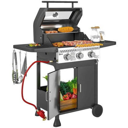 Outsunny 7.5kW 3-Burner Gas BBQ Grill w/ Window Lid - Black | 846-140V71BK