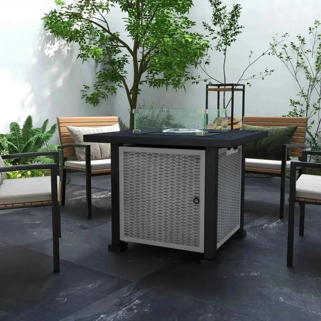 Outsunny 81 x 81cm grey wicker gas fire pit table with glass top and metal frame 50,000 btu heat output