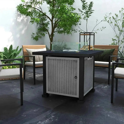 Outsunny 81 x 81cm grey wicker gas fire pit table with glass top and metal frame 50,000 btu heat output