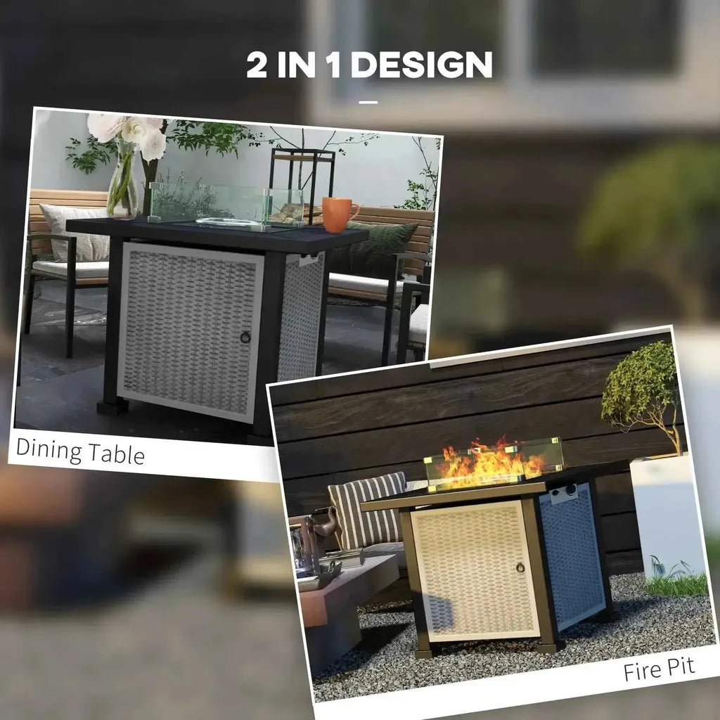 Outsunny grey black and beige woven wicker outdoor dining table with 50000 btu gas fire pit functionality