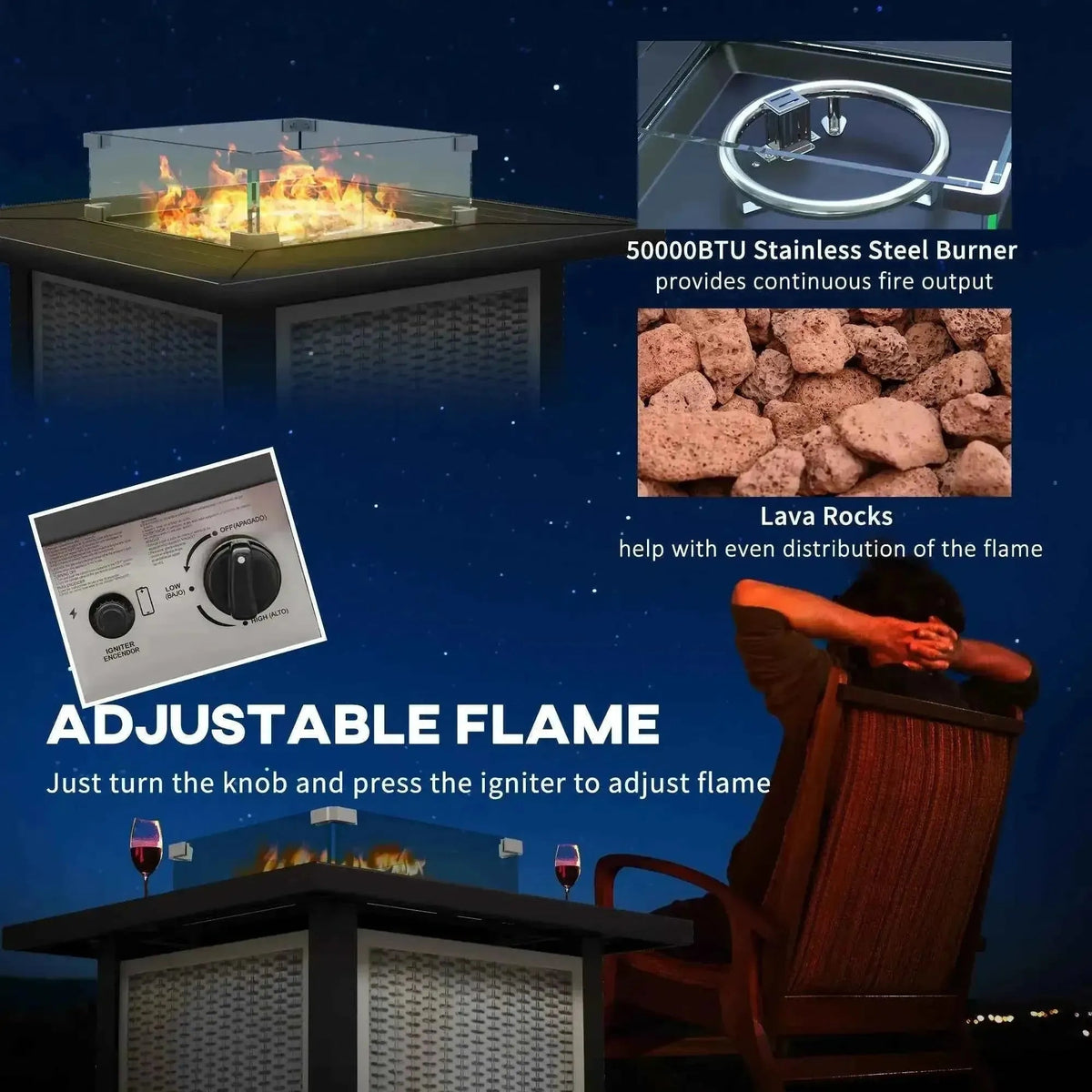 Outsunny 81 x 81cm black gas fire table with glass top and adjustable flame control panel for outdoor use