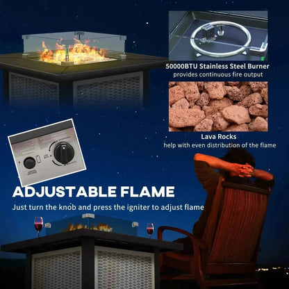 Outsunny 81 x 81cm black gas fire table with glass top and adjustable flame control panel for outdoor use