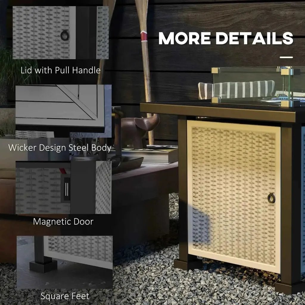 Beige wicker-patterned cabinet with steel frame and magnetic door for the outsunny 81 x 81cm gas fire pit table gray