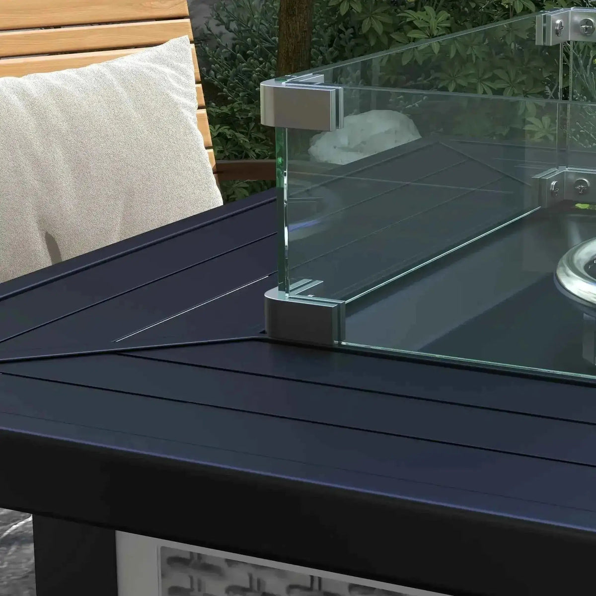 Outsunny 81 x 81cm grey gas fire pit table with 50000 btu, black glass top, and silver metal corner brackets