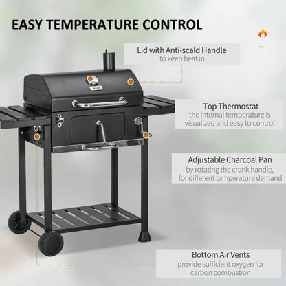 Outsunny Adjustable Charcoal Pan BBQ, with Thermometer and Warming Rack 846 - 135V00BK - Garden & Outdoor