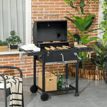 Outsunny adjustable charcoal pan bbq in black steel with thermometer warming rack and sturdy wheels for mobility