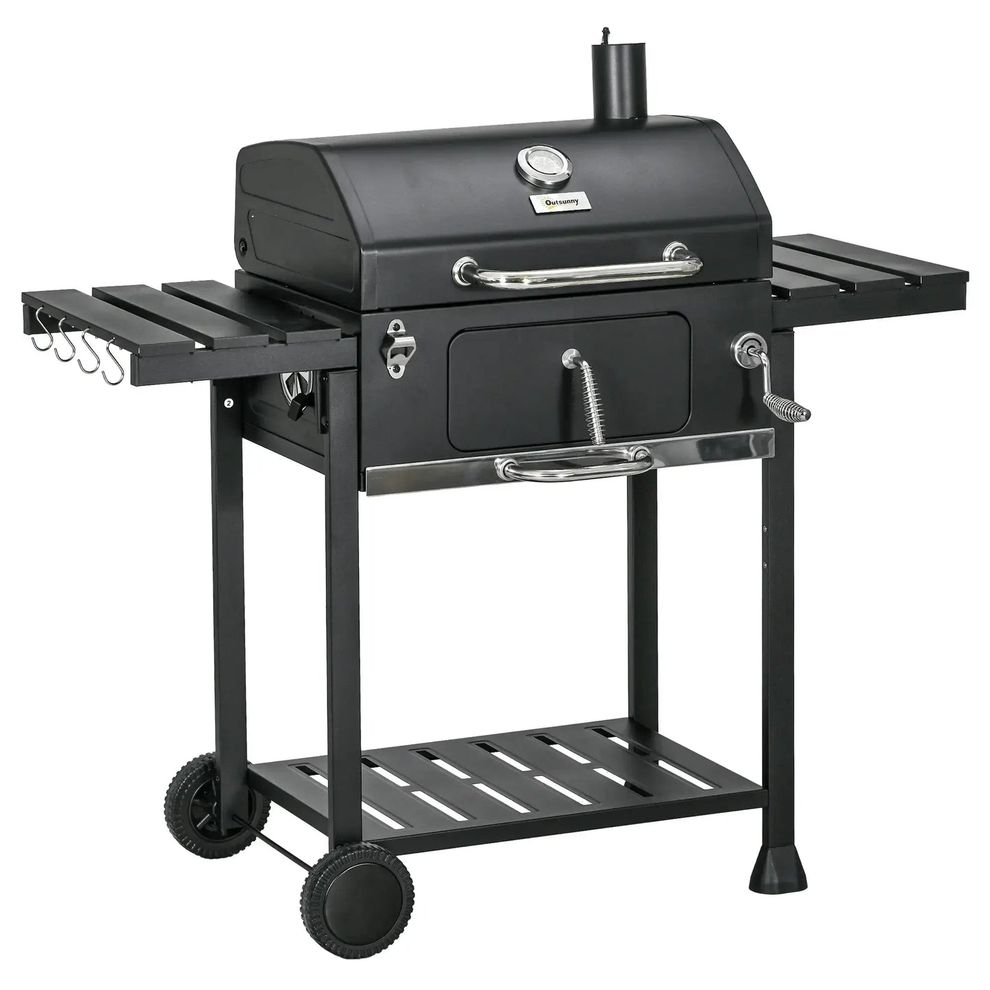 Outsunny Adjustable Charcoal Pan BBQ, with Thermometer and Warming Rack 846 - 135V00BK - Garden & Outdoor