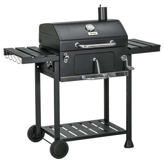 Outsunny Adjustable Charcoal Pan BBQ, with Thermometer and Warming Rack 846 - 135V00BK - Garden & Outdoor