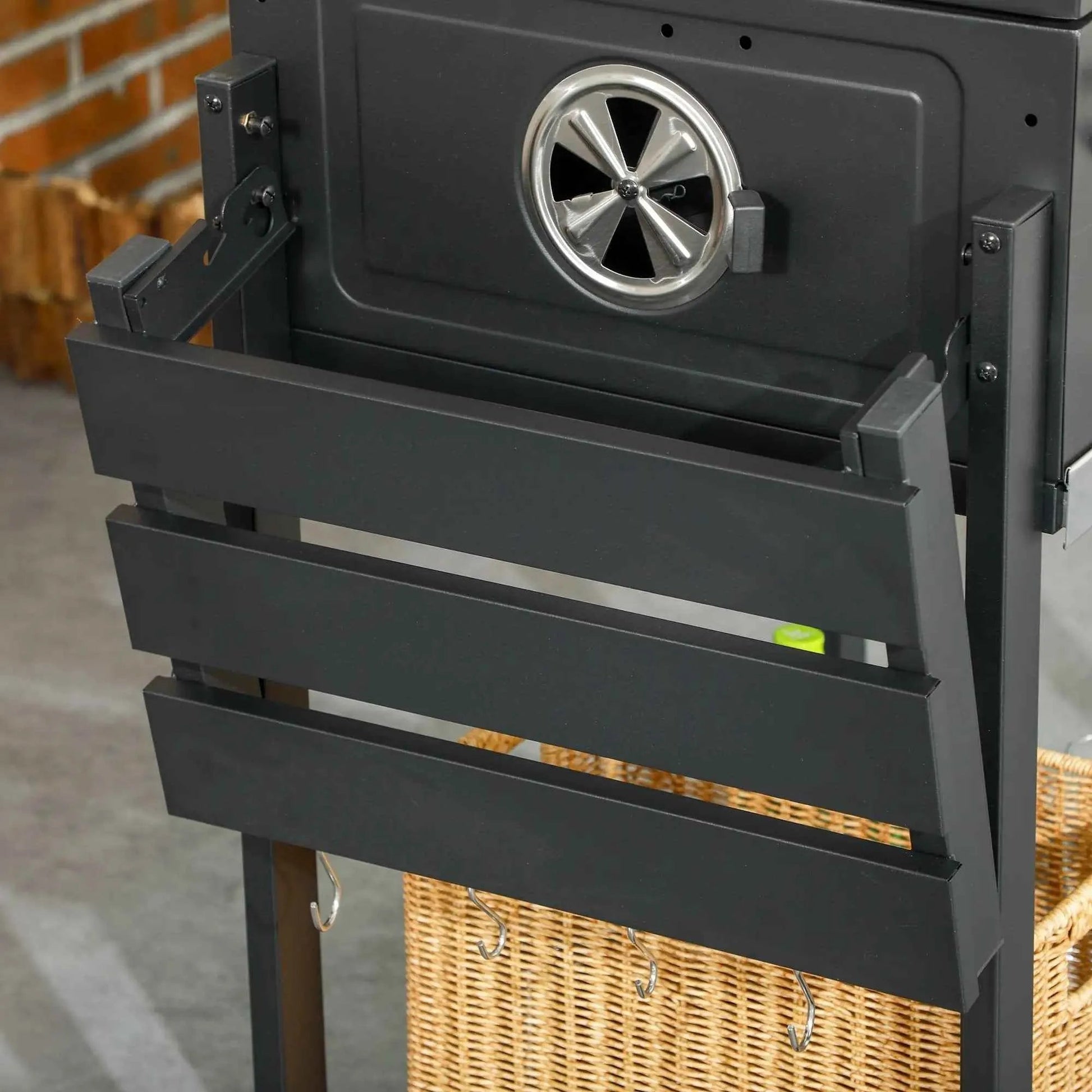 Black metal outsunny adjustable charcoal pan bbq grill cart with circular silver vent and slatted storage shelves