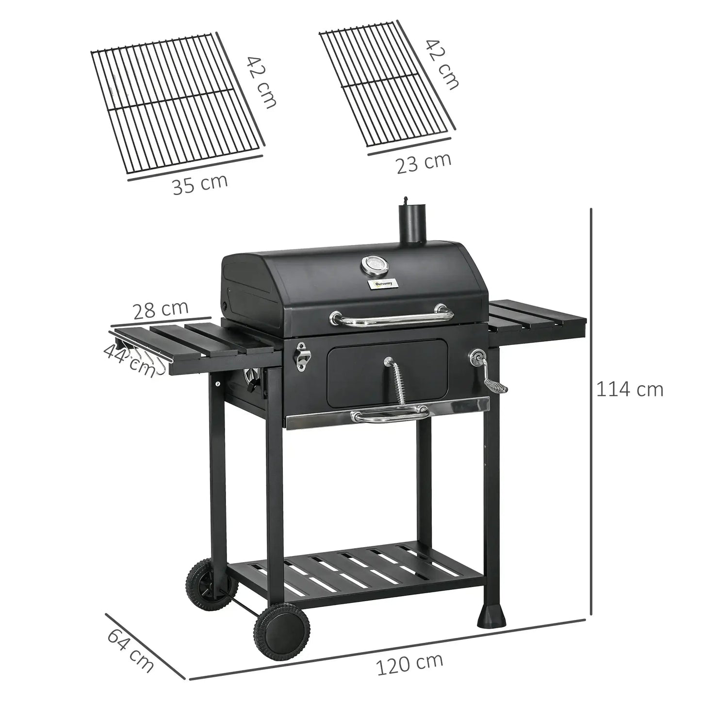 Outsunny Adjustable Charcoal Pan BBQ, with Thermometer and Warming Rack 846 - 135V00BK - Garden & Outdoor