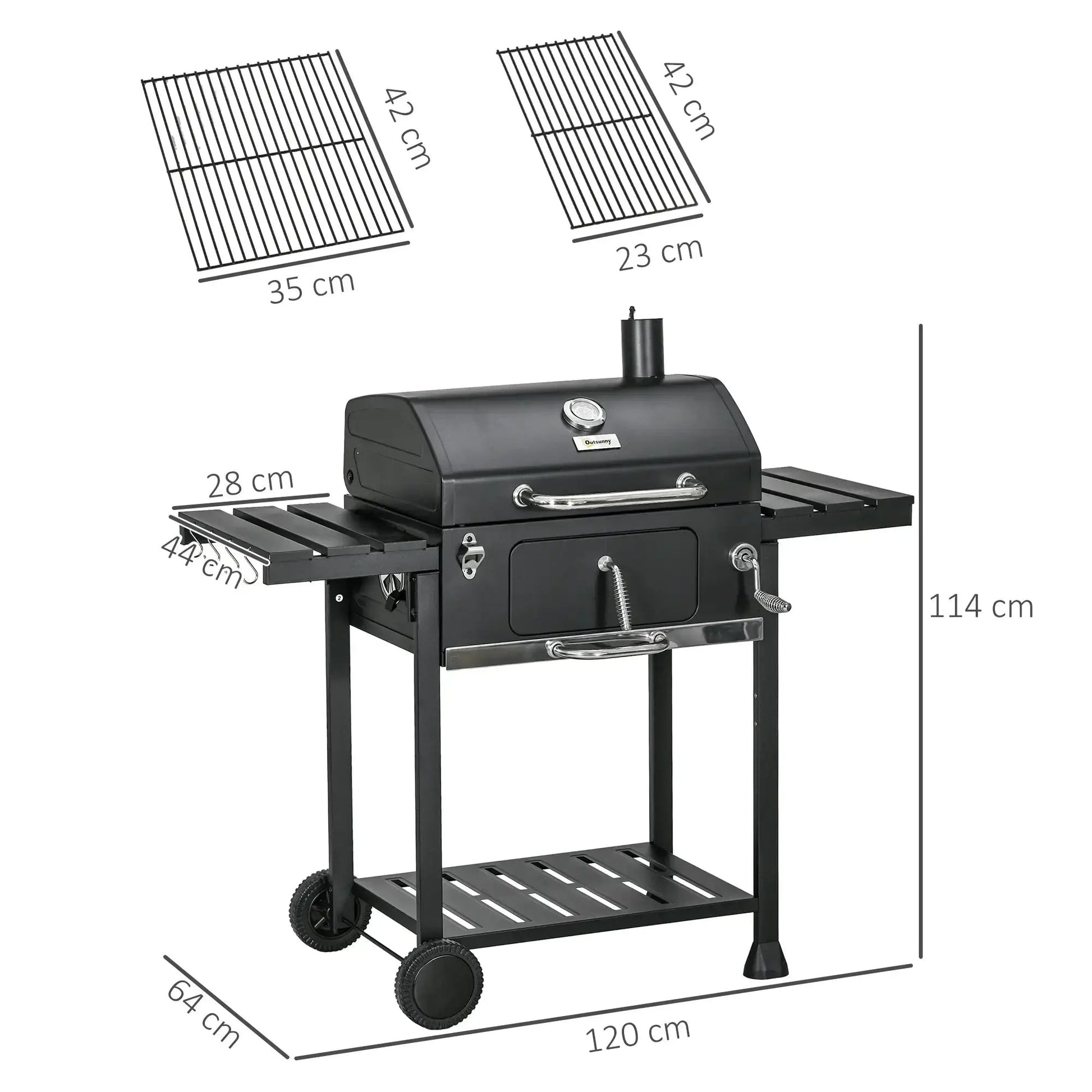 Outsunny Adjustable Charcoal Pan BBQ, with Thermometer and Warming Rack 846 - 135V00BK - Garden & Outdoor