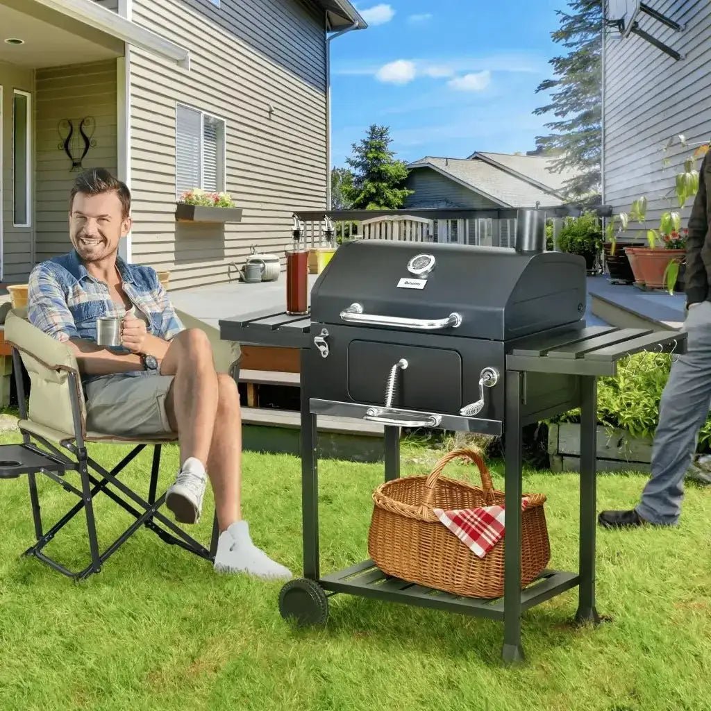 Outsunny Adjustable Charcoal Pan BBQ, with Thermometer and Warming Rack 846 - 135V00BK - Garden & Outdoor