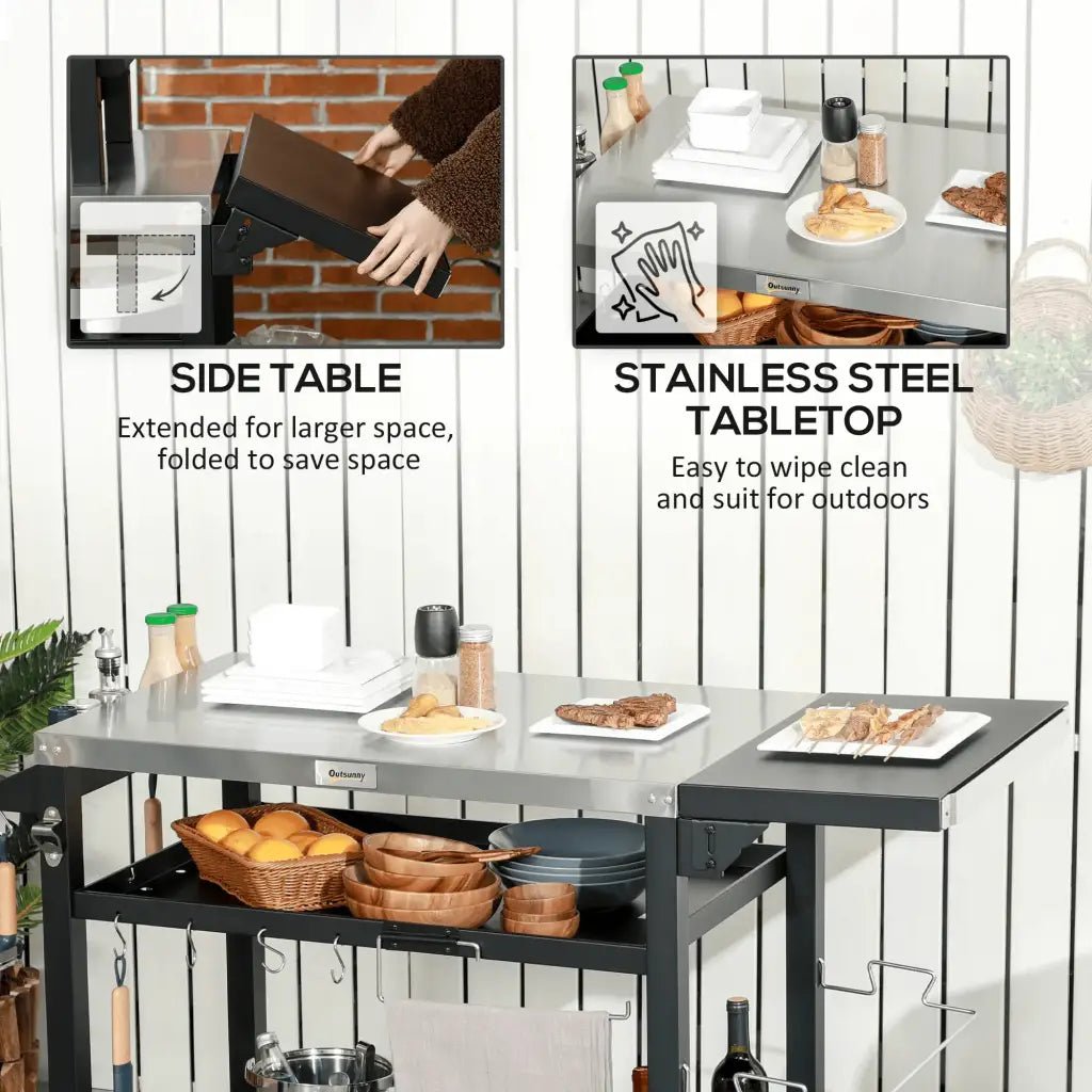 Outsunny Multi - Feature BBQ Grill Table, with Stainless Steel Top - Black 846 - 130V00BK - Garden & Outdoor
