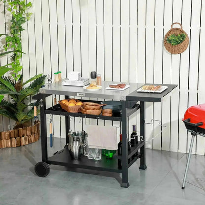 Outsunny bbq grill table in black metal with stainless steel countertop two shelves and wheels for outdoor use