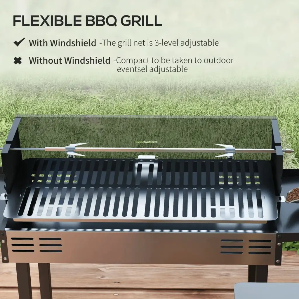 Outsunny BBQ Rotisserie Grill Roaster Charcoal Spit Roasting Machine for Chicken Turkey with 3 - Level Grill Grate, Side Shelves 846 - 075V00BK - Garden & Outdoor
