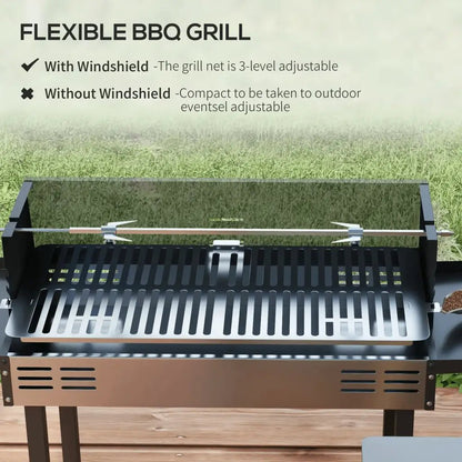 Outsunny BBQ Rotisserie Grill Roaster Charcoal Spit Roasting Machine for Chicken Turkey with 3 - Level Grill Grate, Side Shelves 846 - 075V00BK - Garden & Outdoor
