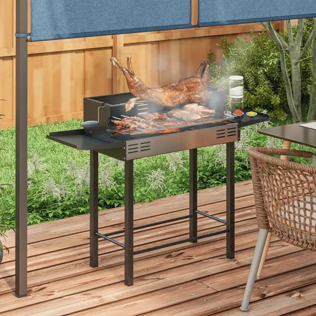 Outsunny BBQ Rotisserie Grill Roaster Charcoal Spit Roasting Machine for Chicken Turkey with 3 - Level Grill Grate, Side Shelves 846 - 075V00BK - Garden & Outdoor